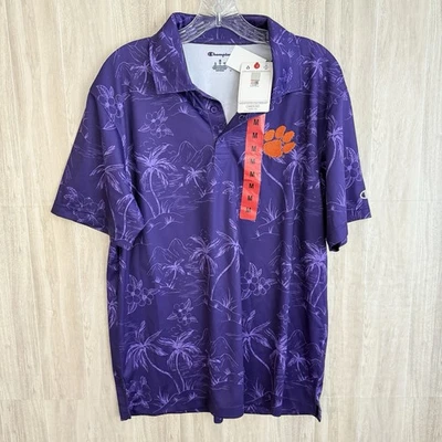 Champion Clemson Tigers Polo Shirt Men Sz M  Floral Hawaiian Short Sleeve Purple - Image 1 of 4