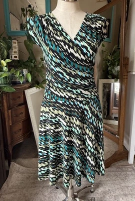 Soprano Teal Green Black Geometric Fit And Flare Dress, Size Small - Image 1 of 4