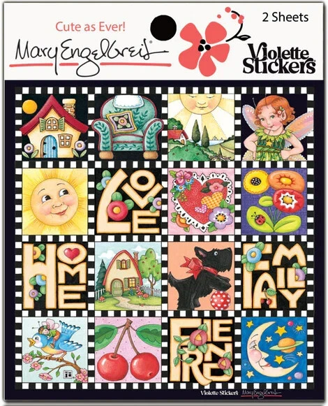 VIOLETTE STICKERS Mary Engelbreit Stickers 2 Sheets Whimsical Squares Love Home Sun Moon Dog House