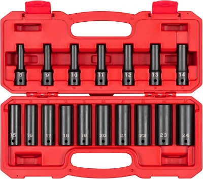 1/2 Inch Drive Deep 12-Point Impact Socket Set with Case, 17-Piece (8-24 Mm) | S - Image 1 of 4