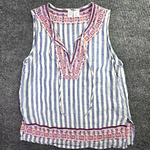 Artisan NY Linen Top Women S Blue White Stripe Embroidered Peasant Boho Nautical - Picture 1 of 8