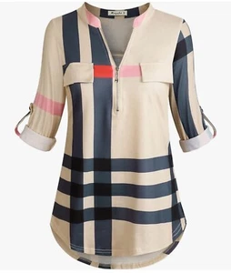 Moyabo Women's 3/4 Cuffed Sleeve Zipped V Neck Plaid Tunic Shirt/Blouse XXL 2XL - Picture 1 of 6