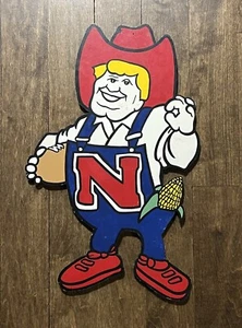 Vintage University Of Nebraska Herbie The Husker w/ Football Wood Figure / Sign - Picture 1 of 3