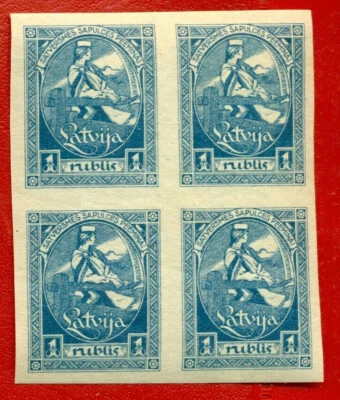 LATVIA LETTLAND 1 RUBLE 1920 BLOCK OF 4 IMPERF. STAMPS SC 71a.b MNH 995 - Image 1 of 2
