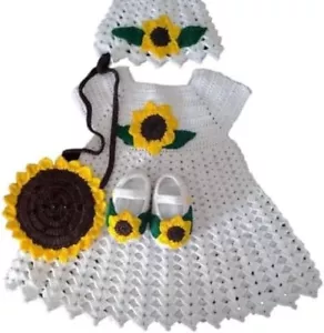 Baby Dress Crochet Set Newborn Baby Girl Hand Made Outfit Theme Sunflower - Picture 1 of 6