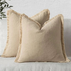 Decorative Throw Pillow Covers Neutral Linen Fringe Throw Pillows Euro Shams Set - Picture 1 of 12