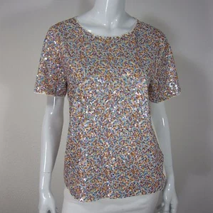 J. CREW COTTON SEQUIN FRONT Crew Neck SHORT SLEEVE BLOUSE M Medium IVORY 169 - Picture 1 of 9