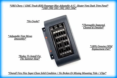 88–94 Chevy GMC Truck RH Outer AC Dash Vent Panel OEM – C/K Passenger Side - Image 1 of 3