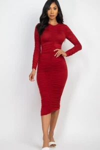 Long Sleeve Ruched Midi Length Bodycon Dress By Capella - Picture 1 of 7