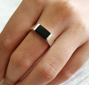 Men’s Black Onyx Style Ring Silver Minimalist Rectangular Signet Band - Picture 1 of 7