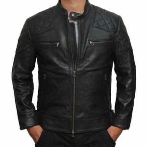 Mens Biker David Beckham Style Motorcycle Real Sheep Leather Jacket Hand Made - Picture 1 of 7
