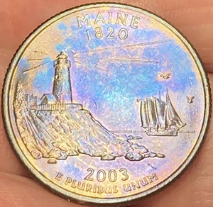 2003-D Maine State Quarter Beautiful Lustrous Blue/Rainbow Toned Coin VF #15 - Picture 1 of 12