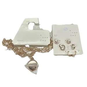 A New Day Nickel Free Gold Tone Jewelry Huggie Earrings & Necklace 2 Items E1-20 - Picture 1 of 5