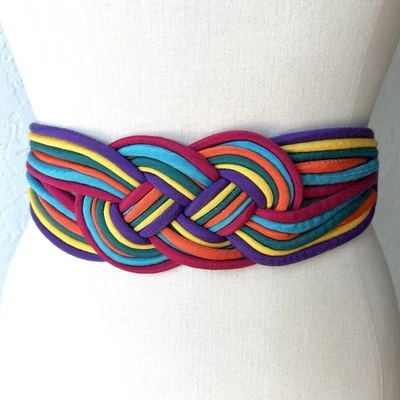 Vtg 80s Multicolor Braided Woven Rope Elastic Belt Back Clasp Women 26-32” Waist - Image 1 of 4
