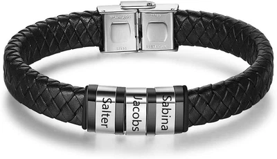 Bracciale Pelle Uomo Personalizzato in Argento Con Famiglia Coppia Nomi Incision - Immagine 1 di 4