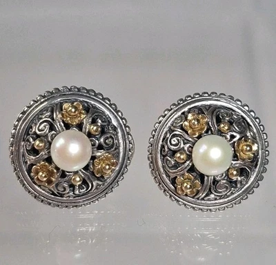 Designer Konstantino 925 Sterling Silver 18K Rose Gold Pearl Flower Earrings .57 - Image 1 of 4