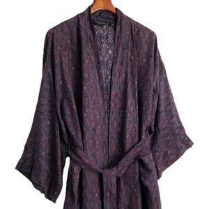 Vintage Christian Dior Monsieur Silk robe kimono smoking jacket OS Burgundy Blue - Picture 1 of 12