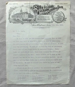 CARTA RARA ORIGINAL 1910 ASOCIACIÓN FERIAL INTERNACIONAL SAN ANTONIO TEXAS - Imagen 1 de 5