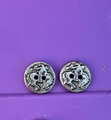 Vintage Western Bronco Cowboy Metal Buttons Pair Silver Tone 2 hole - Image 1 of 3