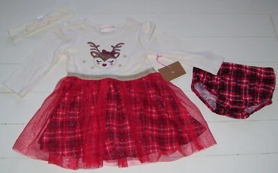 Vestido de Navidad Young Hearts 3 piezas a cuadros lentejuelas reno LS Bloomers diadema 18M Foto 1 de 4