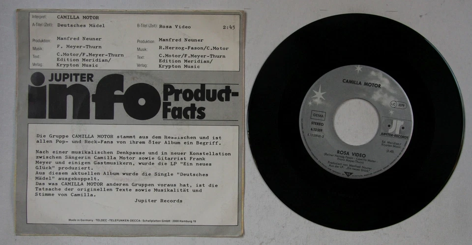Camilla Motor Deutsches Mädel GER 7inch Vinyl Single 1982 Promo Cover NDW Synth - Bild 1 von 1