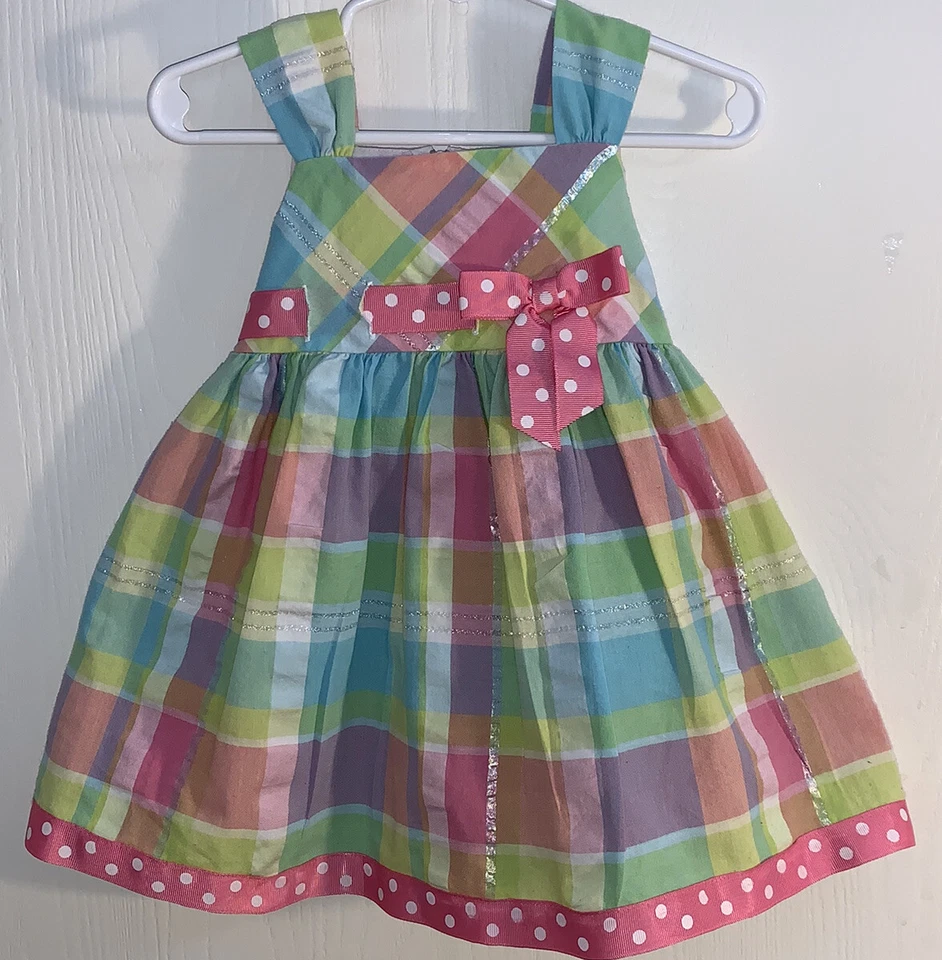 Bonnie Baby Baby Girl Sz 18M Sundress Pastel Plaid Pink Ribbon White Polka Dots - Image 1 of 4