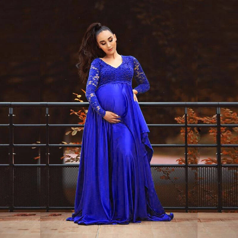 Maternity Baby Shower Dress V-Neck Long Sleeves Lace Chiffon Maxi Gown Pregnant  - Image 1 of 4