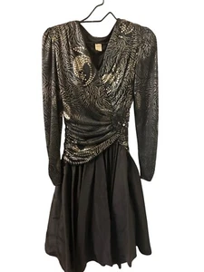 1980s LEI Black Metallic Beaded Rad Rouched Taffeta Prom Party Dress Size 9/10 - Bild 1 von 14