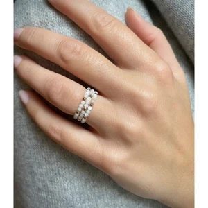 Natural Freshwater Pearl Smooth Round Beads Stretchable 3 Rings Set Woman Girls - Picture 1 of 9