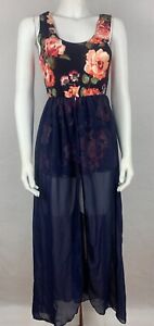 French Atmosphere Womens Small S Romper Maxi Black Floral Navy Semi Sheer Drapes