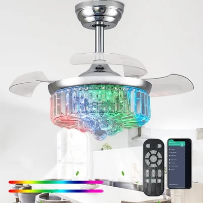 30" Retractable Crystal Ceiling Fan with Light, RGB Modern Fandelier 6 Speeds... - Image 1 of 4