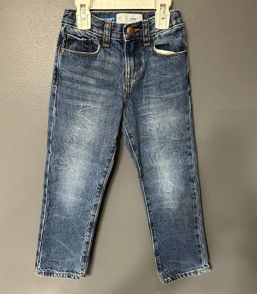 Old Navy Boys Jeans 4T-Loose Fit-Adjustable Waist-Dark Montana Blue-Snap Closure - Image 1 of 4