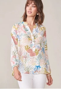 Spartina 449 Cora Seafoam Meerjungfrauen Schlitz V-Ausschnitt 100% Seide Bluse Gr. S Sea life - Bild 1 von 17