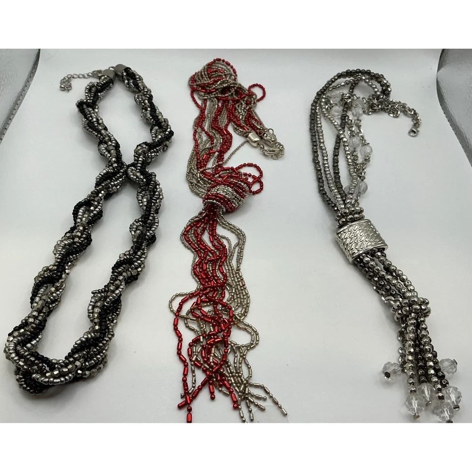 3 Chunky Twisted Beaded Necklace Set Silver Black Red Boho Statement - Image 1 of 4