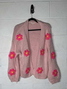 Baevely Pink Chunky Knit Cardigan S – Y2K Festival Hippie Boho 3D Daisy Floral - Picture 1 of 7