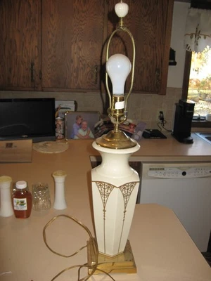 LENOX MID-CENTURY IVORY COLOR WITH GOLD DESIGN  PORCELAIN LAMP WITH BRASS - Image 1 of 4