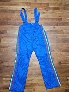 Vintage Sears Retro 1970s Ski Snow Pants Bibs Size Large Rainbow Stripes Blue - Picture 1 of 23