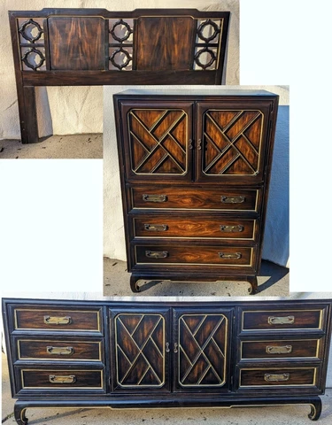 American of Martinsville MCM Vintage Chinoiserie Dresser Credenza Headboard Set Cover
