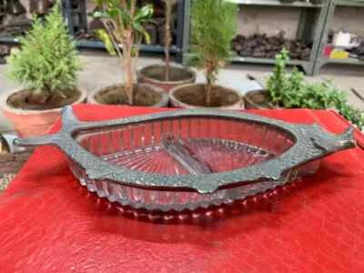 Bandeja para servir de vidrio con forma de pescado de plata alemana artesanal vintage de 1900 Foto 1 de 4
