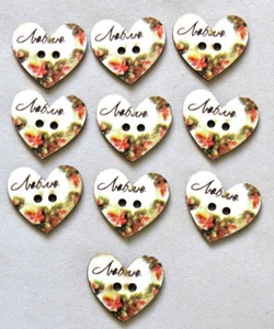 10 Heart Shaped Wooden Buttons 27mm high x 25mm wide - Picture 1 of 2