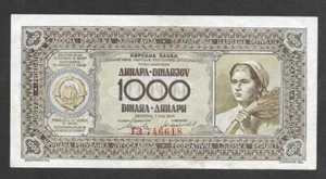 YUGOSLAVIA 1000 DINARA 1946  P-67 VF , With horizontal security thread - Picture 1 of 3