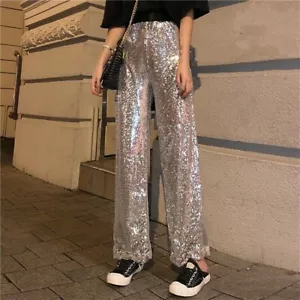 Lady Wide Leg Sequins Pants Trouser Silver Club Shiny Party Casual Fashion Loose - Picture 1 of 7