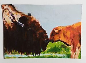Baby Bison First Kiss ACEO Original Animal PAINTING by Leslie Popp