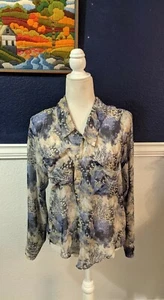 Free People Boho Semi-Sheer Geometric Blue Collared Button Shirt Top Sz Small S - Picture 1 of 11