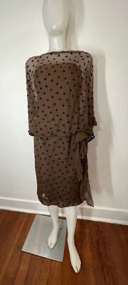 VTG Silk Chiffon Dress Beaded Dolman Sleeves polka dot flocked SZ 10 (SEE FLAWS - Image 1 of 4