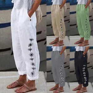 Women Floral Wide Leg Trousers Elastic High Waist Loose Harem Pants Baggy Summer - Picture 1 of 19
