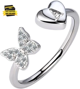 Silver Initial Rings for Women Stackable Butterfly Initial Ring Crystal Capital - Picture 1 of 7