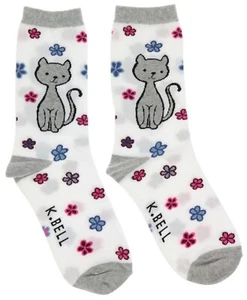 K. Bell Women's Mod Cat Crew Socks Grey Tabby Cat 60% Cotton Size 9-11 Flowers - Afbeelding 1 van 4