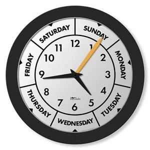 Time & Week-Day Wall Clock with Solid Plastic Frame – Weekly Analog Clock - Picture 1 of 7