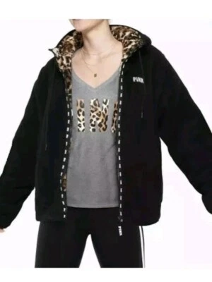 Victoria's Secret Pink Leopard Full Zip Sherpa Jacket Reversible L LAST  1 - Image 1 of 4